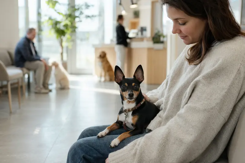 Ein English Toy Terrier sitzt ruhig neben seinem Besitzer im hellen Wartezimmer einer modernen Tierarztpraxis.